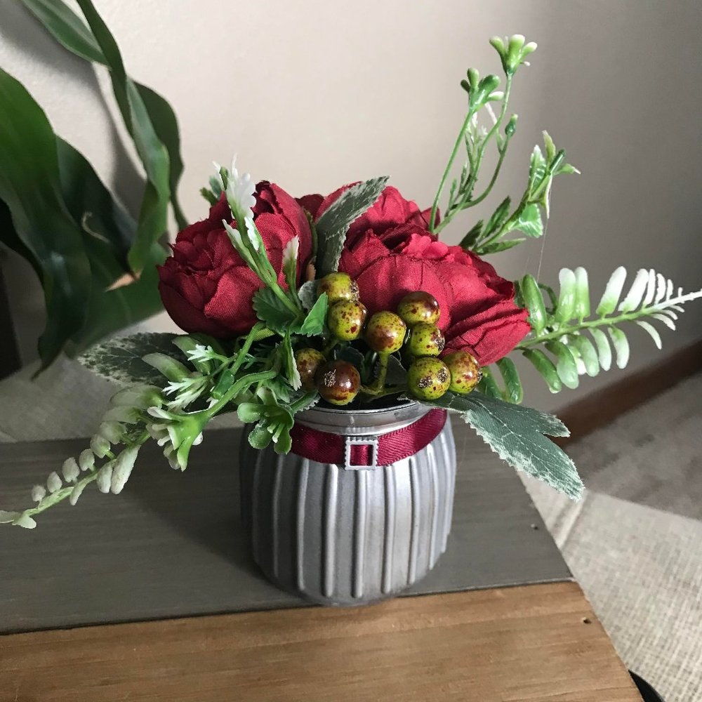 Romantic Handmade Deep Red Floral Arrangement in Silver-Tone Jar